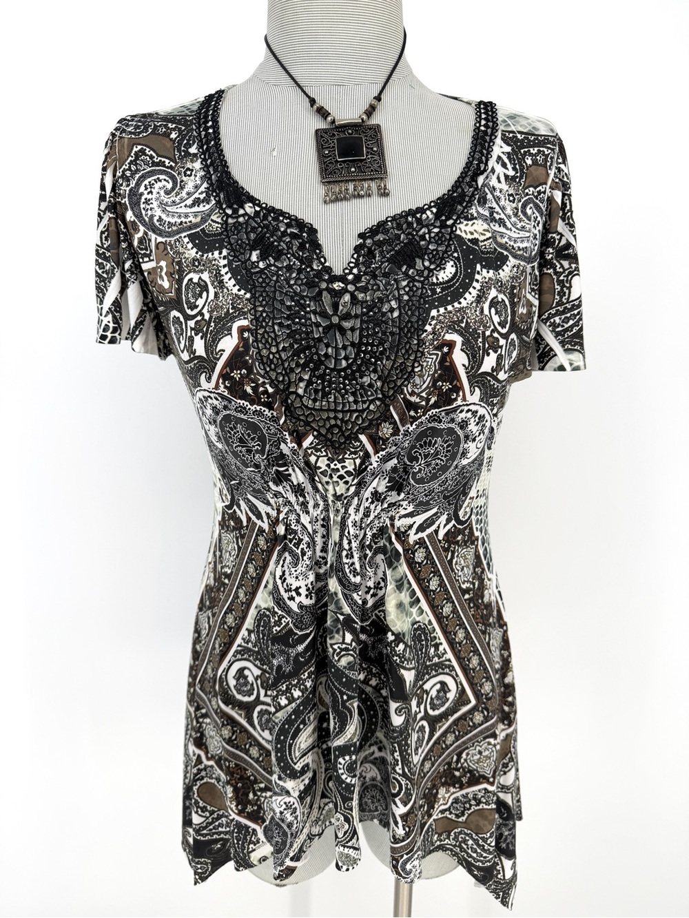 Y2K Boho Paisley Rhinestone Handkerchief Hem Tunic S Whimsigoth Fairy Artsy